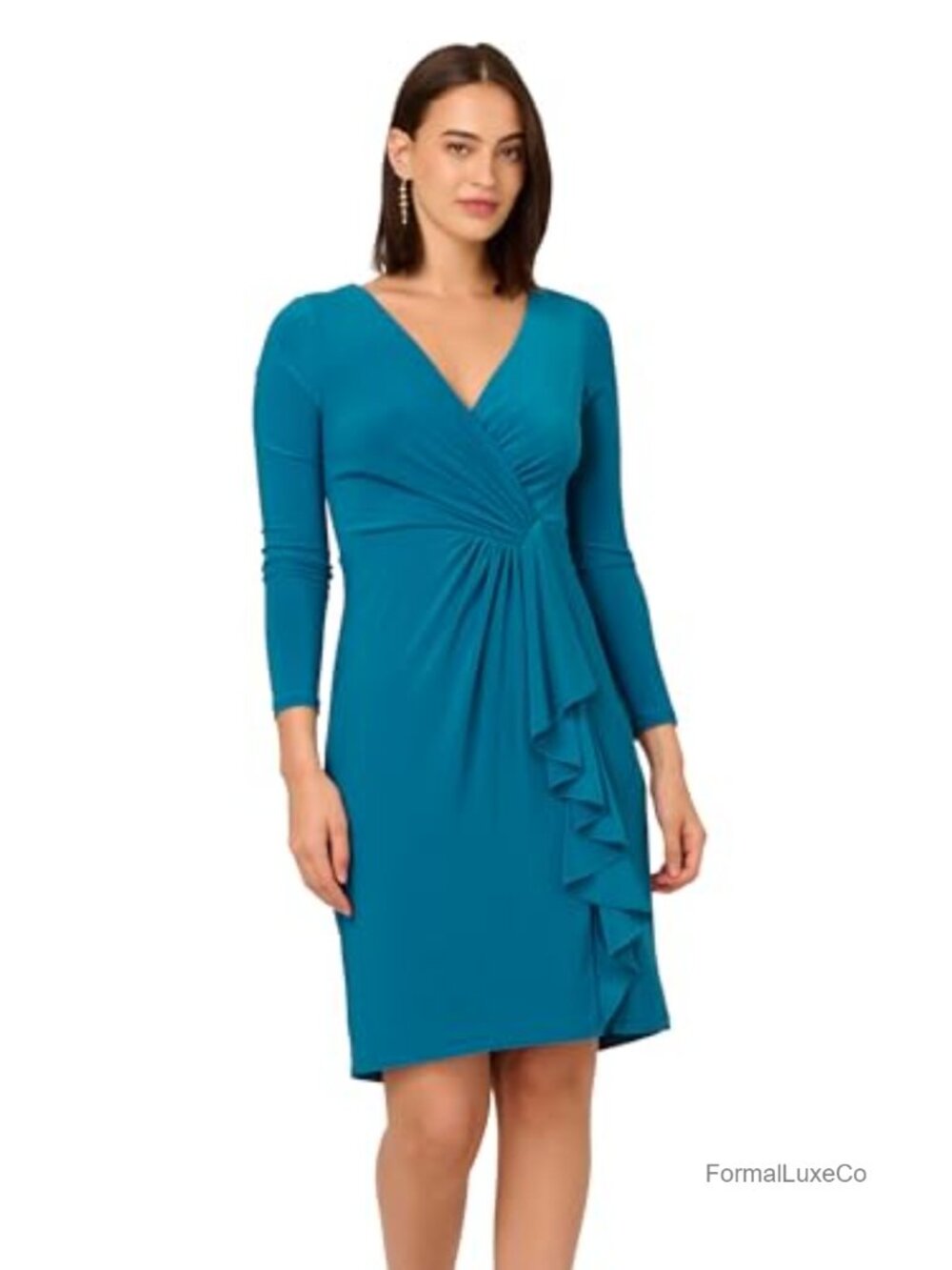 Jersey Sheath Dress Draped V-Neck Long Sleeve Short Semi-Formal